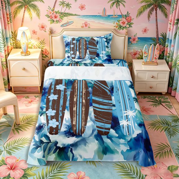 Castle Fairy Watercolor Floral Surfboard Twin Sheets 3pcs,Rustic Striped Board Layout Bedding,Blue Brown,1 Fitted Sheet,1 Flat Sheet and 1 Pillowcase