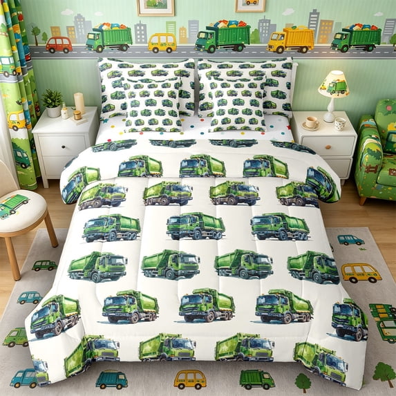 Castle Fairy Watercolor Garbage Truck Twin Bedding Sets 7-Piece for Teens, Minimal Seamless Print Bedding Comforter Set for Bedroom, Green