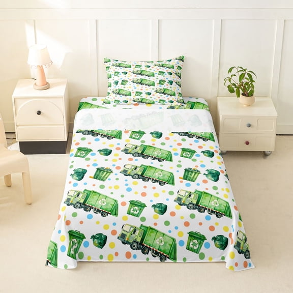 Castle Fairy Watercolor Garbage Truck Twin Sheet Sets 3pcs for Kids, Dot Print Bedding for Bedroom, Green White