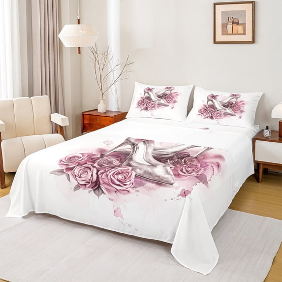 Castle Fairy Watercolor High Heels Queen Sheet Sets,Chic Floral Flower Rose Bed Set