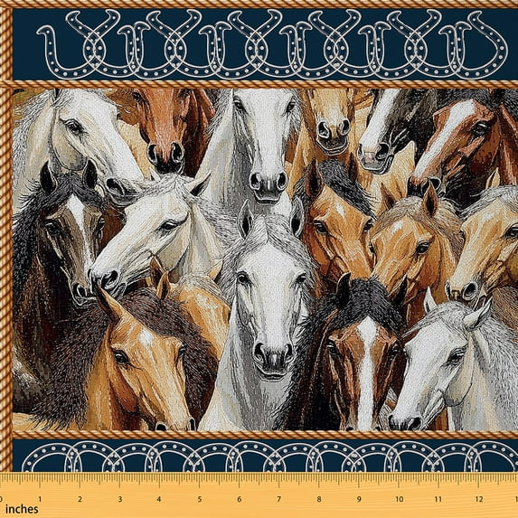 Castle Fairy Watercolor Horse Fabric by the Yard 2 Yards, Vintage Farmhouse Horseshoes Sewing Fabric, Farm Animal Room Decor Fabric by the Yard, Navy Blue