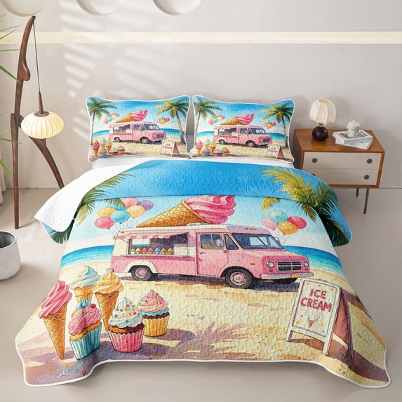 Castle Fairy Watercolor Ice Cream Truck Twin Quilt Set,Beach Summer Print Twin Coverlet Set for Bedroom,Pink Blue