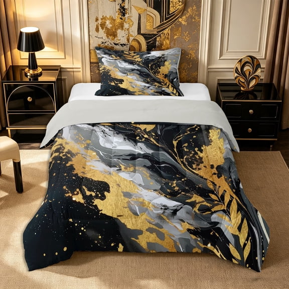 Castle Fairy Watercolor Ink Flow Texture Twin Comforter Sets 2pcs,Boho Golden Leaf Silhouette Bedding Set,Black Gray Gold,Reversible,1 Comforter and 1 Pillowcase