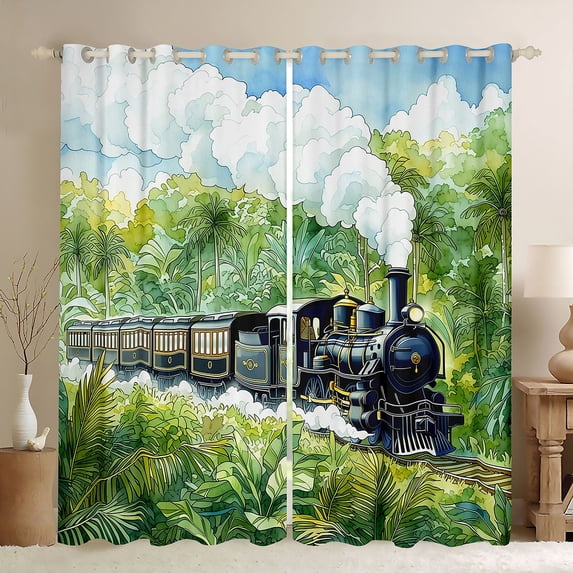 Castle Fairy Watercolor Jungle Train Blackout Curtains Set of 2 (52x84 Each) for Kids, Whimsical Steam Locomotive Window Curtains for Bedroom, Green Black