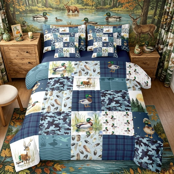 Castle Fairy Watercolor Mallard Duck Deer Full Size Bedding Sets 7 Pieces,Feather Plaid Camo Full Size Bed in a Bag,Navy Brown Cream,Navy Blue Reversible