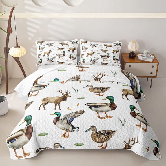 Castle Fairy Watercolor Mallard Elk Twin Quilt Set,Dragonfly Lily Pad Grass Twin Coverlet Set,Brown Teal White