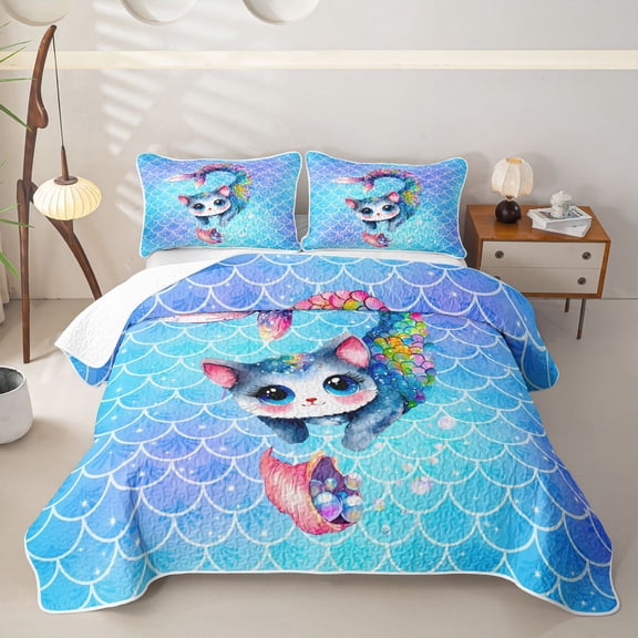 Castle Fairy Watercolor Mermaid Cat Bed Spread Queen,Glitter Scale Seashell Pattern Queen Coverlet Set,Blue Rainbow