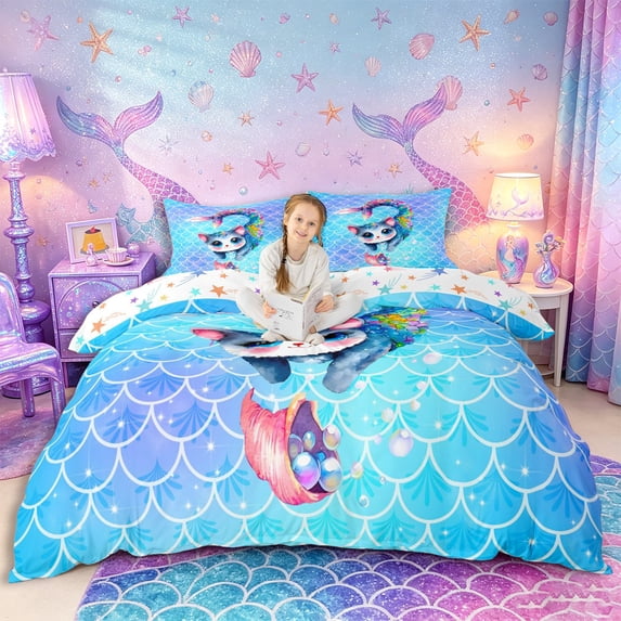Castle Fairy Watercolor Mermaid Cat Duvet Cover Queen,Glitter Scale Seashell Pattern Queen Bedding,Blue Rainbow,Reversible,3-Piece,No Comforter,1 Duvet Cover and 2 Pillowcases