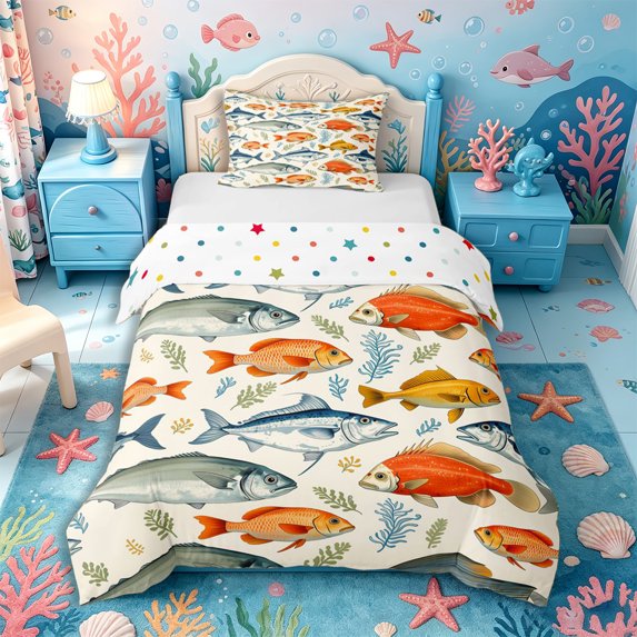 Castle Fairy Watercolor Mixed Game Fish Twin Duvet Cover,Seaweed Freshwater Seamless Tile Twin Bedding,Orange Cream,Reversible,2pcs,No Comforter,1 Duvet Cover and 1 Pillowcase