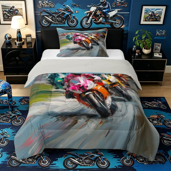 Castle Fairy Watercolor Motorcycle Twin Comforter Sets 3-Piece for Teens, Race Track Blur Bedding Set for Bedroom, Pink Orange,Grey Reversible