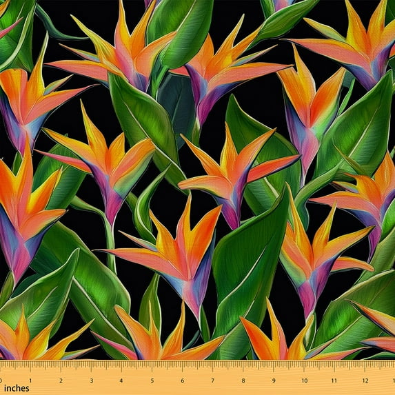 Castle Fairy Watercolor Orange Floral Fabric by the Yard 5 Yards, Tropical Blossoms Fabric for Sewing, Botnaical Green Leaf Home Decor Fabric by the Yard