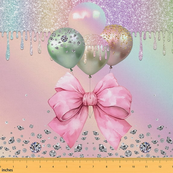 Castle Fairy Watercolor Pink Bow Fabric by the Yard 3 Yards for Girls, Dreamy Diamond Glitter Balloon Home Decor Fabric by the Yard, Happy Birthday Sewing Fabric, Microfiber Bedroom Decor