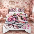 thumbnail image 1 of Castle Fairy Watercolor Pink Rose Makeup Print King Size Comforter Sets 3pcs,Elegant High Heel Pearl Comforters King Size,Pink White,Pink Reversible,1 Comforter and 2 Pillowcases, 1 of 6
