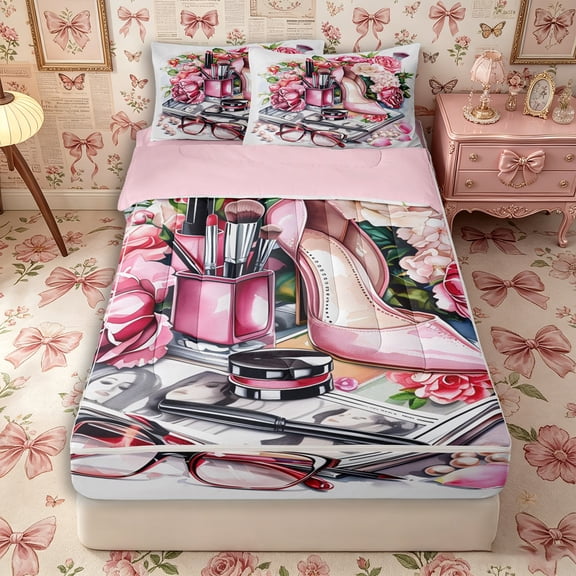 Castle Fairy Watercolor Pink Rose Makeup Print Zipper Twin Comforter Sets with Fitted Sheet and 2 Pillowcases,Elegant High Heel Pearl Zipper Bedding Set,Pink White,Pink Reversible,4-Piece