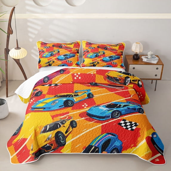 Castle Fairy Watercolor Race Car Quilt King for Boys,Checkered Flag Print King Coverlet Set for Bedroom,Red Yellow