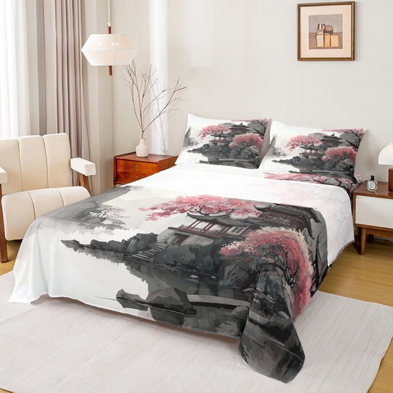 Castle Fairy Watercolor Scenery Full Size Sheets,Japanese Style Bed Sheets