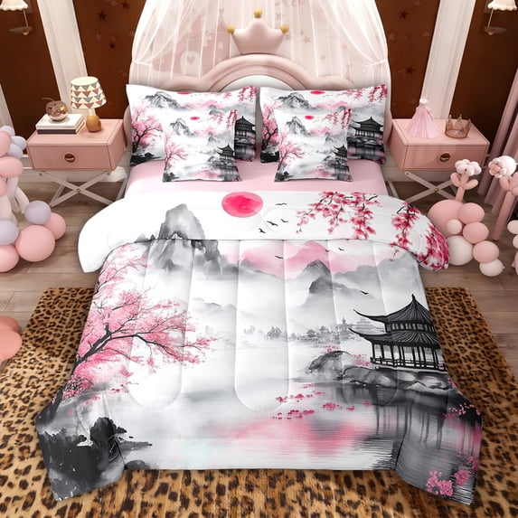 Castle Fairy Watercolor Scenery Twin Bedding Sets,Japanese Style Bedding Comforter Set