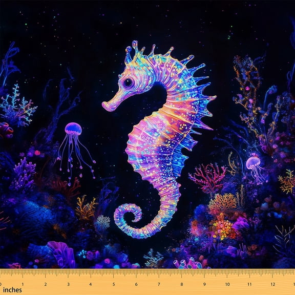 Castle Fairy Watercolor Seahorse Fabric by the Yard 1 Yard, Ocean Animal Home Decor Fabric by the Yard, Sea Wildlife Sewing Fabric, Coastal Coral Bedroom Decor