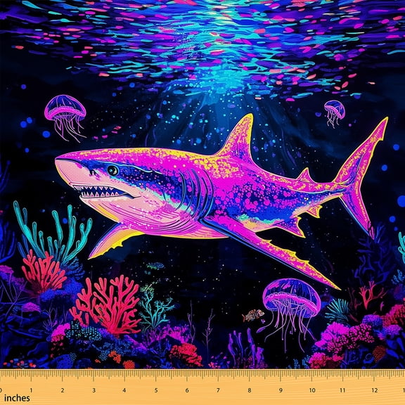 Castle Fairy Watercolor Shark Fabric by the Yard 3 Yards, Ocean Animal Room Decor Fabric by the Yard, Sea Wildlife Fabric for Sewing, Coastal Coral Bedroom Decor