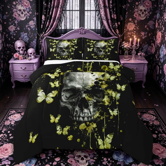 Castle Fairy Watercolor Skull Butterfly Full Size Comforter Sets 3-Piece,Happy Halloween Gothic Theme Bedding Comforter Set,Gold Blacks,1 Comforter and 2 Pillowcases,Black Reversible