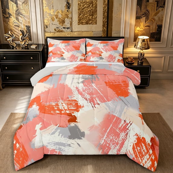 Castle Fairy Watercolor Smudge King Size Comforter Sets 3pcs,Abstract Graffiti Splash Comforters King Size,Coral Pink Gray,Reversible,1 Comforter and 2 Pillowcases