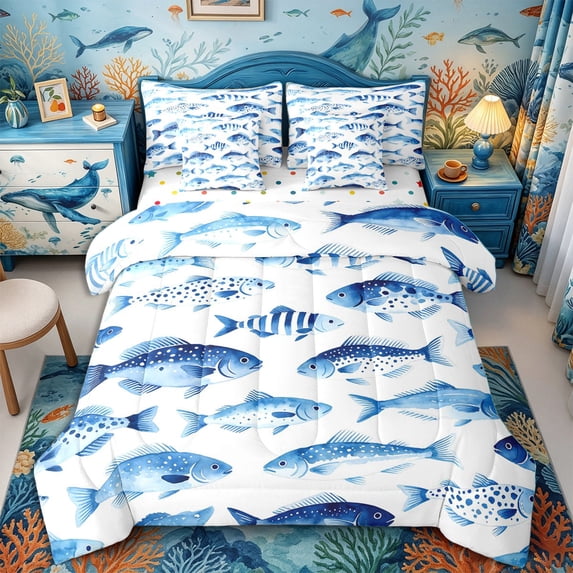 Castle Fairy Watercolor Spotted Fish Queen Bedding 7pcs,Washed Blue Aquatic Seamless Graphic Bedding Comforter Set Queen,Pale Azure,Reversible
