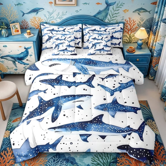 Castle Fairy Watercolor Spotted Whale Shark 7-Piece Twin Bedding,Minimal Ink Shark Silhouette Bedding Comforter Set,Navy White,Reversible