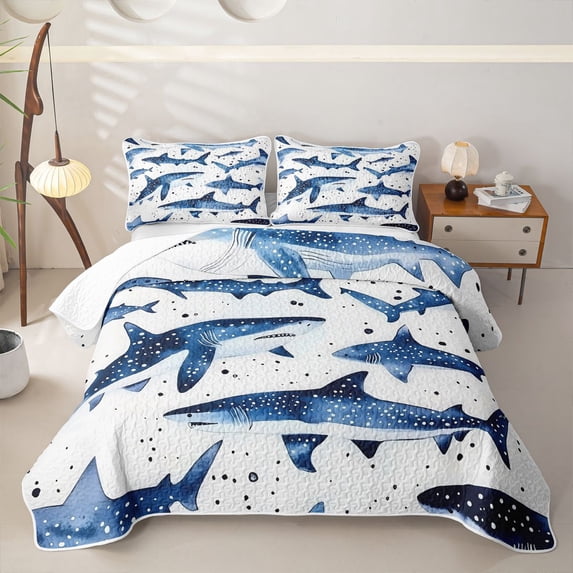 Castle Fairy Watercolor Spotted Whale Shark Bed Spread Queen,Minimal Ink Shark Silhouette Queen Coverlet Set,Navy White