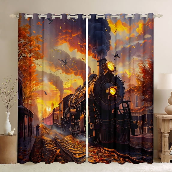 Castle Fairy Watercolor Steam Train Blackout Curtains Set of 2 (52x84 Each) for Teens, Autumn Falling Leaves Window Curtains for Bedroom, Black Brown