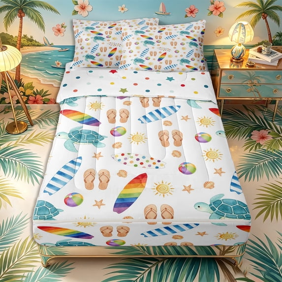 Castle Fairy Watercolor Summer Beach Tile Zipper Queen Comforter Set with Fitted Sheet and 2 Pillowcases,Turtle Surfboard Flip Flop Seamless Print Zipper Bedding Set,Blue White,Reversible,4 Pieces