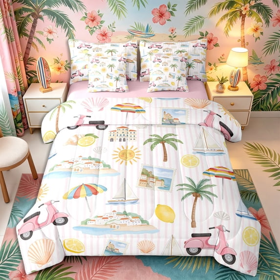 Castle Fairy Watercolor Summer Holiday Beach 7-Piece Twin Bedding,Scooter Lemon Shell Striped Tile Bedding Comforter Set,Pink Cream,Pink Reversible