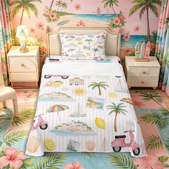 Castle Fairy Watercolor Summer Holiday Beach Twin Sheets 3pcs,Scooter Lemon Shell Striped Tile Bedding,Pink Cream,1 Fitted Sheet,1 Flat Sheet and 1 Pillowcase