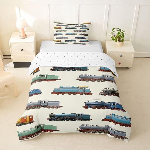 Castle Fairy Watercolor Train Set Twin Bedding for Boys, Retro Engine Print Duvet Cover Set for Bedroom, Blue Brown,2pcs,No Comforter