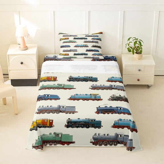 Castle Fairy Watercolor Train Set Twin Sheet Sets 3pcs for Boys, Retro Engine Print Bedding for Bedroom, Blue Brown