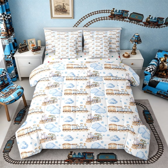 Castle Fairy Watercolor Train Twin Bedding Sets 7-Piece for Kids, Star Cloud Pattern Bedding Comforter Set for Bedroom, Blue Beige