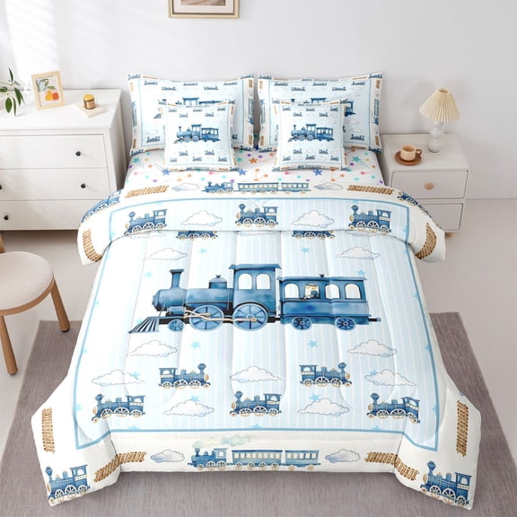Castle Fairy Watercolor Train Twin Bedding Sets 7-Piece for Teens,Stripe Cloud Art Bedding Comforter Set for Bedroom,Light Blue White