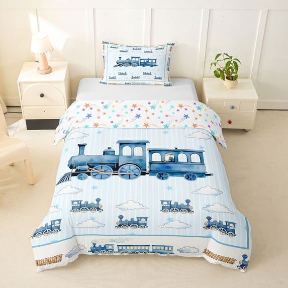 Castle Fairy Watercolor Train Twin Bedding for Teens, Stripe Cloud Art Duvet Cover Set for Bedroom, Light Blue White,2pcs,No Comforter