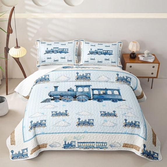 Castle Fairy Watercolor Train Twin Quilt Set,Stripe Cloud Art Twin Coverlet Set for Bedroom,Light Blue White