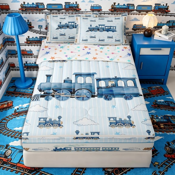 Castle Fairy Watercolor Train Zipper Twin Comforter Sets with Fitted Sheet and 2 Pillowcases,Stripe Cloud Art Zipper Bedding Set for Bedroom,Light Blue White,4-Piece,Reversible