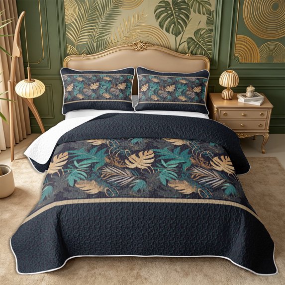 Castle Fairy Watercolor Tropical Leaf Twin Quilt Set 2 Pieces,Bohemian Foliage Motif Twin Coverlet Set,Teal Gold Navy,1 Bedspread and 1 Pillowcase