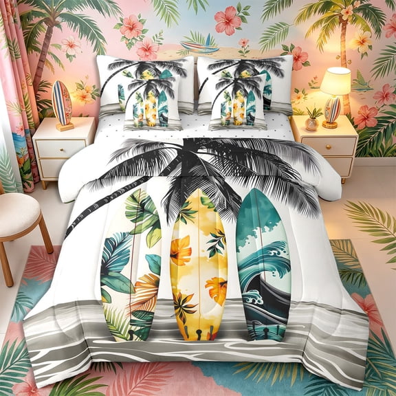 Castle Fairy Watercolor Tropical Surf Poster Full Size Bedding Sets 7 Pieces,Palm Leaf Surfboard Wave Art Full Size Bed in a Bag,Cream Teal,Reversible