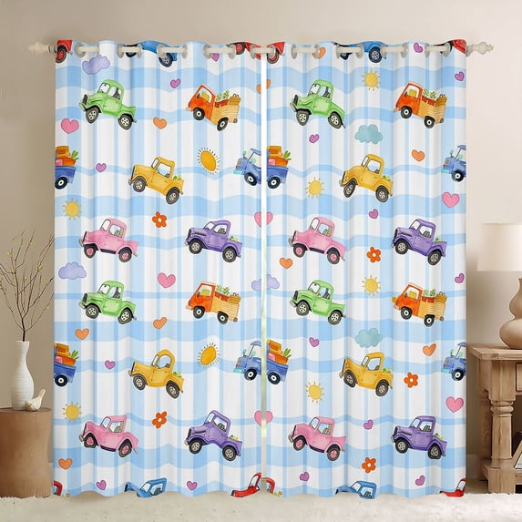 Castle Fairy Watercolor Truck Black Out Curtains for Girls, Plaid Check Art Curtains Pack of 2 (42x63 Each) for Bedroom, Blue Green Yellow