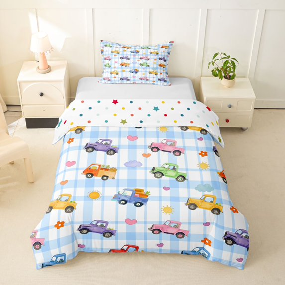 Castle Fairy Watercolor Truck Twin Bedding for Girls, Plaid Check Art Duvet Cover Set for Bedroom, Blue Green Yellow,2pcs,No Comforter
