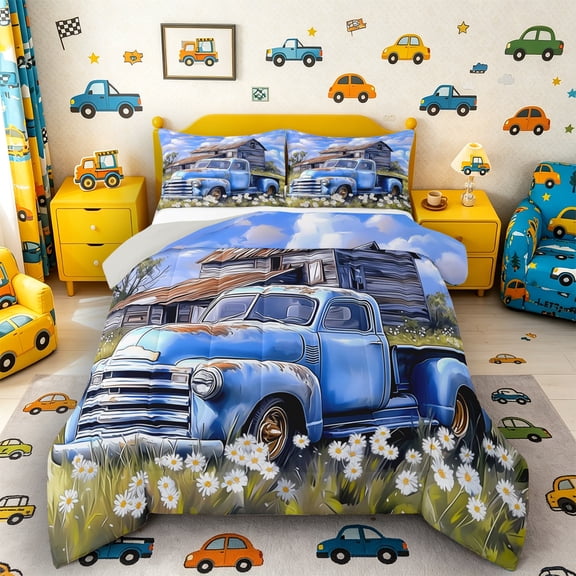 Castle Fairy Watercolor Vintage Pickup Queen Comforter Set 3pcs for Kids, Farm Barn Daisy Bedding Comforter Set for Bedroom, Soft Blue,Grey Reversible