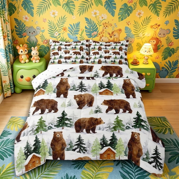 Castle Fairy Watercolor Winter Brown Bear Full Size Comforter Sets 3-Piece,Snow Cabin Pine Bedding Comforter Set,White Green Cream,Reversible,1 Comforter and 2 Pillowcases