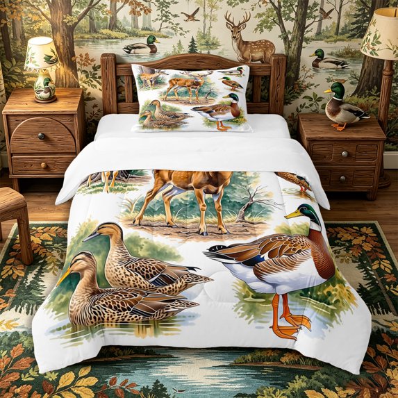 Castle Fairy Watercolor Woodland Critter Twin Comforter Sets 2pcs,Spotted Deer Mallard Pine Bedding Set,Brown Green White,1 Comforter and 1 Pillowcase