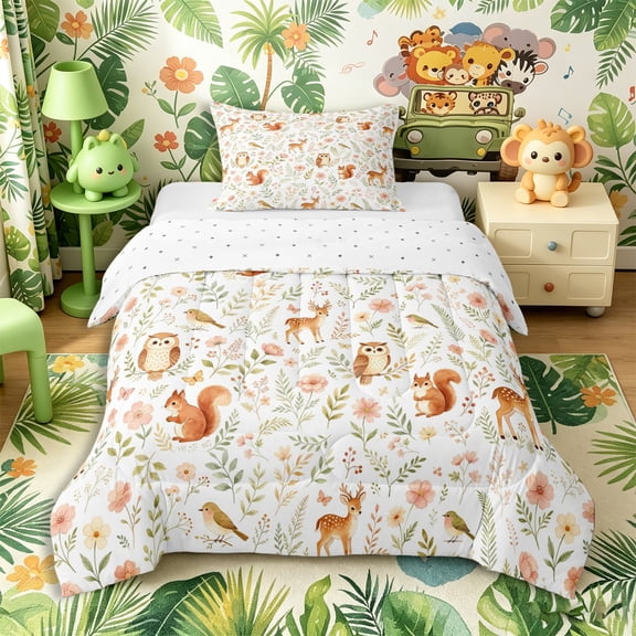 Castle Fairy Watercolor Woodland Deer Owl Squirrel Twin Comforter Sets 2pcs,Cute Floral Animal Bedding Set,Taupe Pink White,Reversible,1 Comforter and 1 Pillowcase