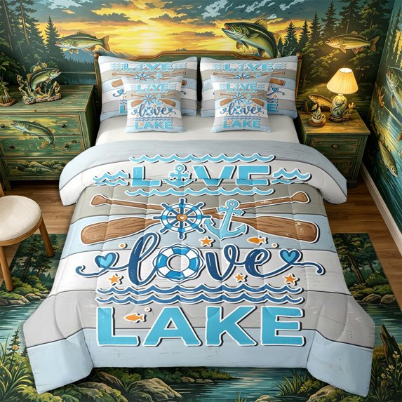 Castle Fairy Weathered Nautical Lake 7-Piece Twin Bedding,Anchor Paddle Wave Lettering Bedding Comforter Set,Sky Brown,Grey Reversible