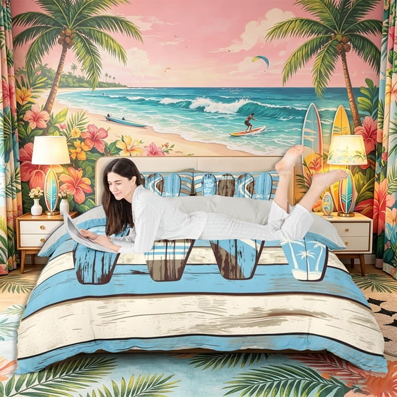 Castle Fairy Weathered Wood Surfboard Bedding,Hibiscus Palm Striped Board Duvet Cover Full,Tan Sky,Grey Reversible,3pcs,No Comforter,1 Duvet Cover and 2 Pillowcases