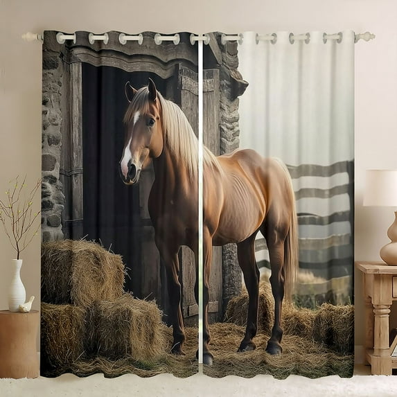 Castle Fairy Western Animal Horse Black Out Curtains for Children Teenagers,Rustic Farmhouse Cabin Curtains Pack of 2 (42x63 Each),Southwestern Vintage Aesthetic Bedroom Curtains Bedroom Decor